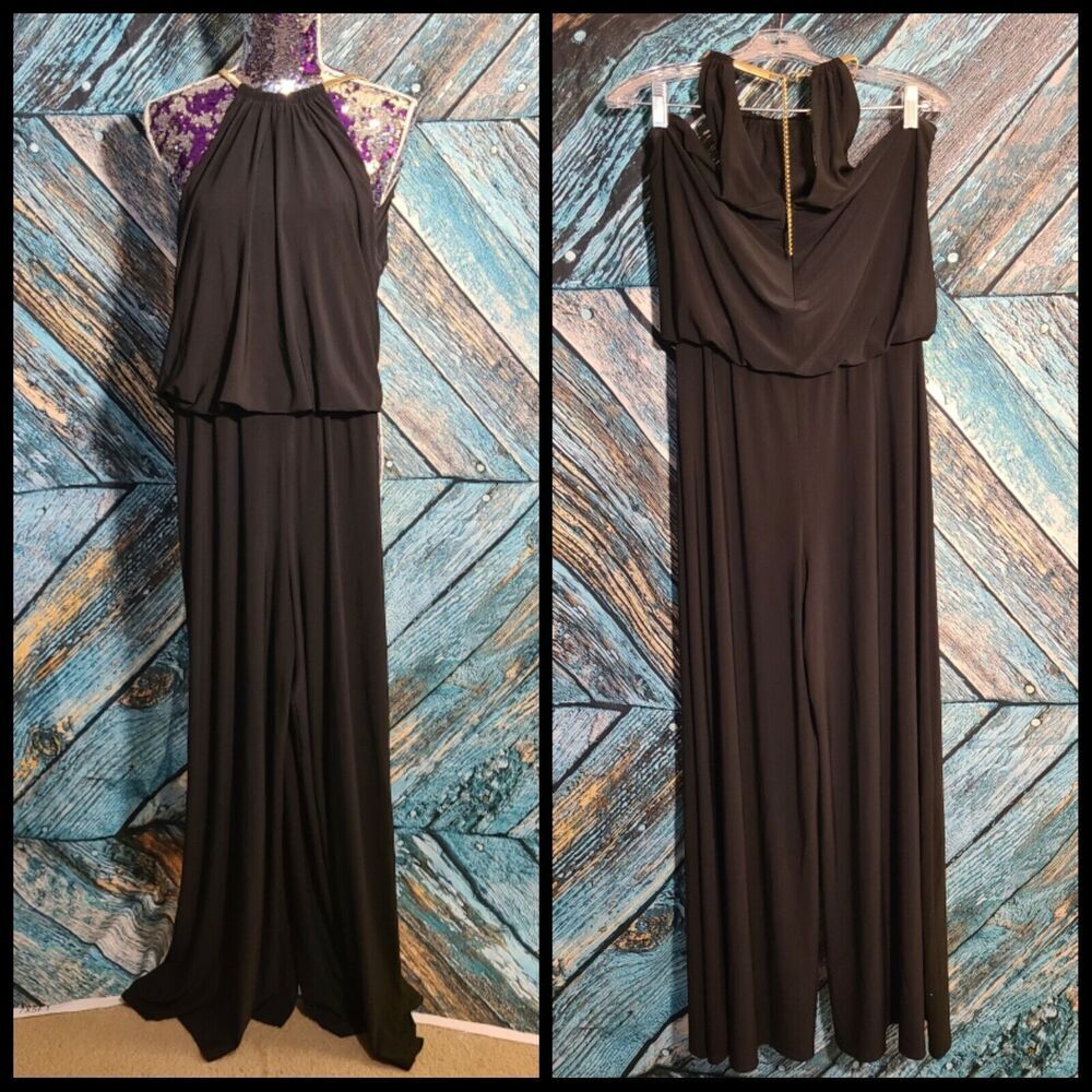 Collections‎ Size Medium Black Cinched Waist Jumpsuit Gold Chain Necklace